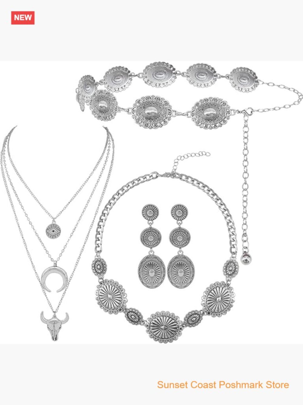 Western Concho Belt Cowgirl Necklace Dangle Earrings Jewelry Set Chain Belt
